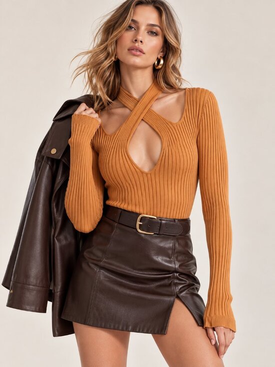 MINKPINK Tops - MINKPINK Gianna Ribbed Knit Cutout Top Pecan Long Sleeve M NWT